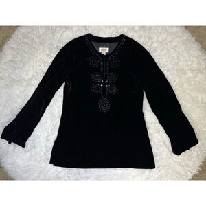 TALBOTS Women Blouse Top Black Silk Blend Velvet Rhinestone Sz 4 Holiday Goth